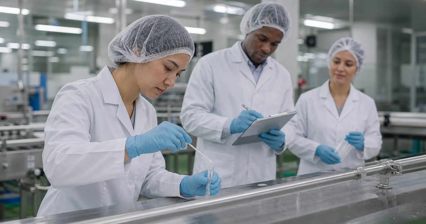 Profesionales Tomando Muestras Ambientales En Fbrica De Alimentos