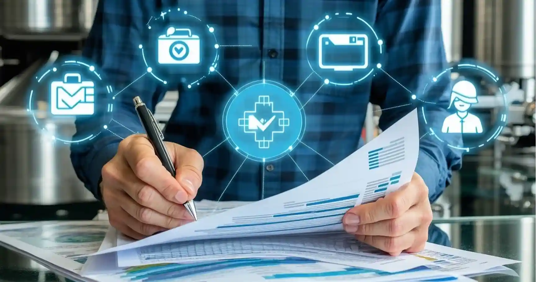 Image of a food industry professional reviewing supplier documents and recall plans with icons for safety regulation and communication Make it look realistic person in late 40s-Jul-14-2025-02-40-37-4346-PM